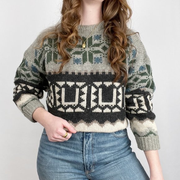 Vintage Nordic Fair Isle Ski Sweater Knit 100% Wool Slouchy Oversized Grandpa - Picture 4 of 7